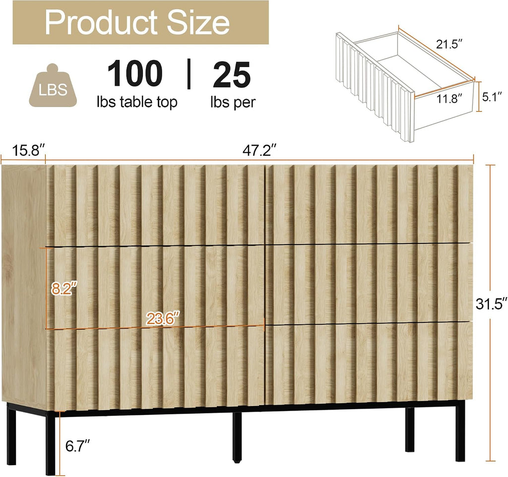 UEV Fluted Dresser for Bedroom with 6 Drawer, 47' Double Chest of Drawers with Metal Stand, Mid-Century Accent TV Stand, Wooden Closet Storage Organizer for Living Room, Hallway (Ivory White)