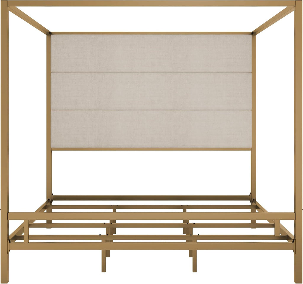 Modern Metal King Size Canopy Platform Bed with with Tall Linen Fabric Upholstered Headboard and 4 Poster Design, Box Spring Needed (Gold+Tan, King)