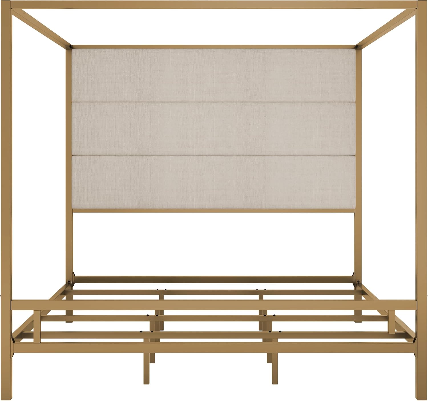 Modern Metal King Size Canopy Platform Bed with with Tall Linen Fabric Upholstered Headboard and 4 Poster Design, Box Spring Needed (Gold+Tan, King)