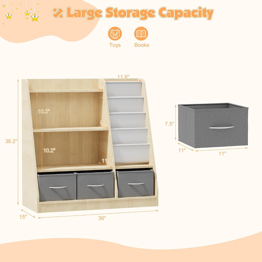NACHES Kids Bookshelf and Toy Storage, Montessori Sling Bookcase | Wood-based, nursery & kids room storage, fabric toy bins, sling rack, anti-tip design, safety certified