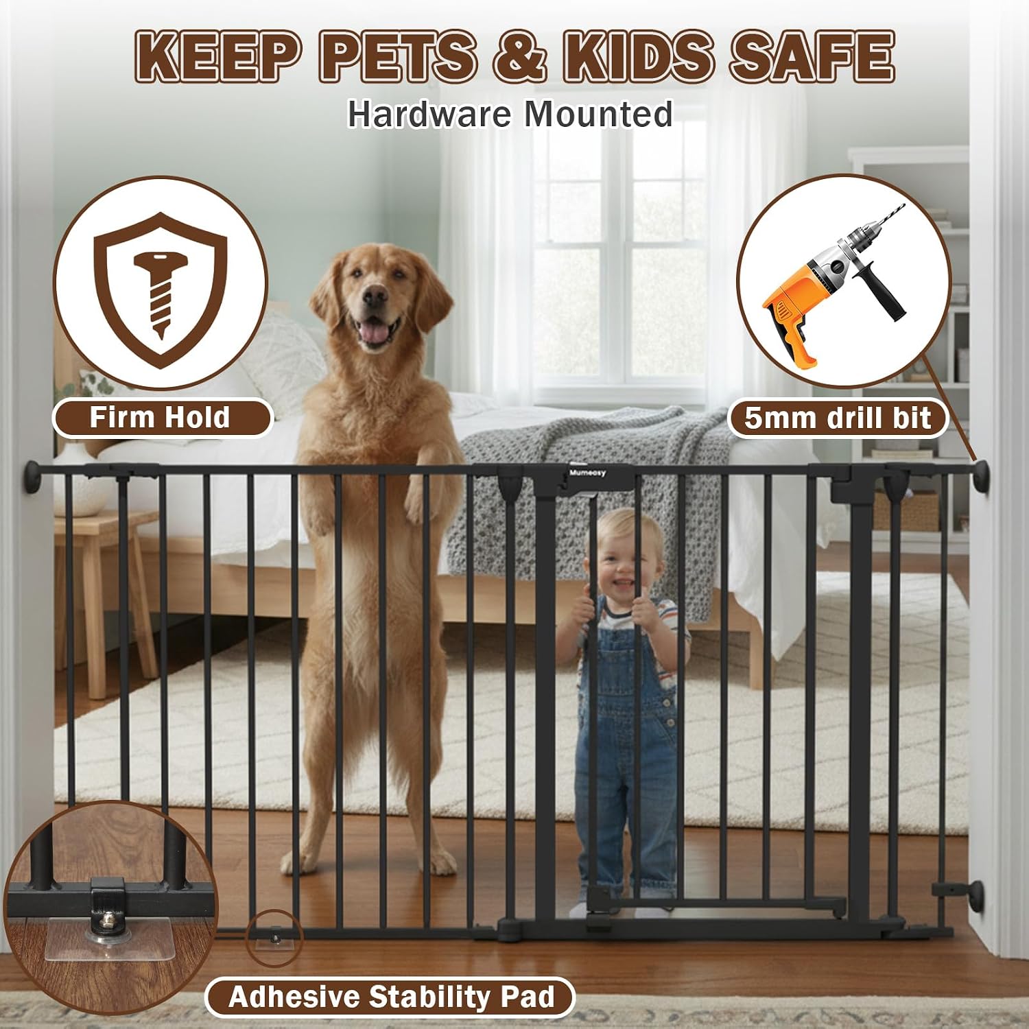 Mumeasy 126' Extra Wide Baby Gate for Doorways, Stairs & Fireplace, Auto Close Safety Dog & Pet Gate with Walk Thru Door, Childproof Fence for Hallway Kitchen House Indoor Outdoor,5 Metal Panels,Black