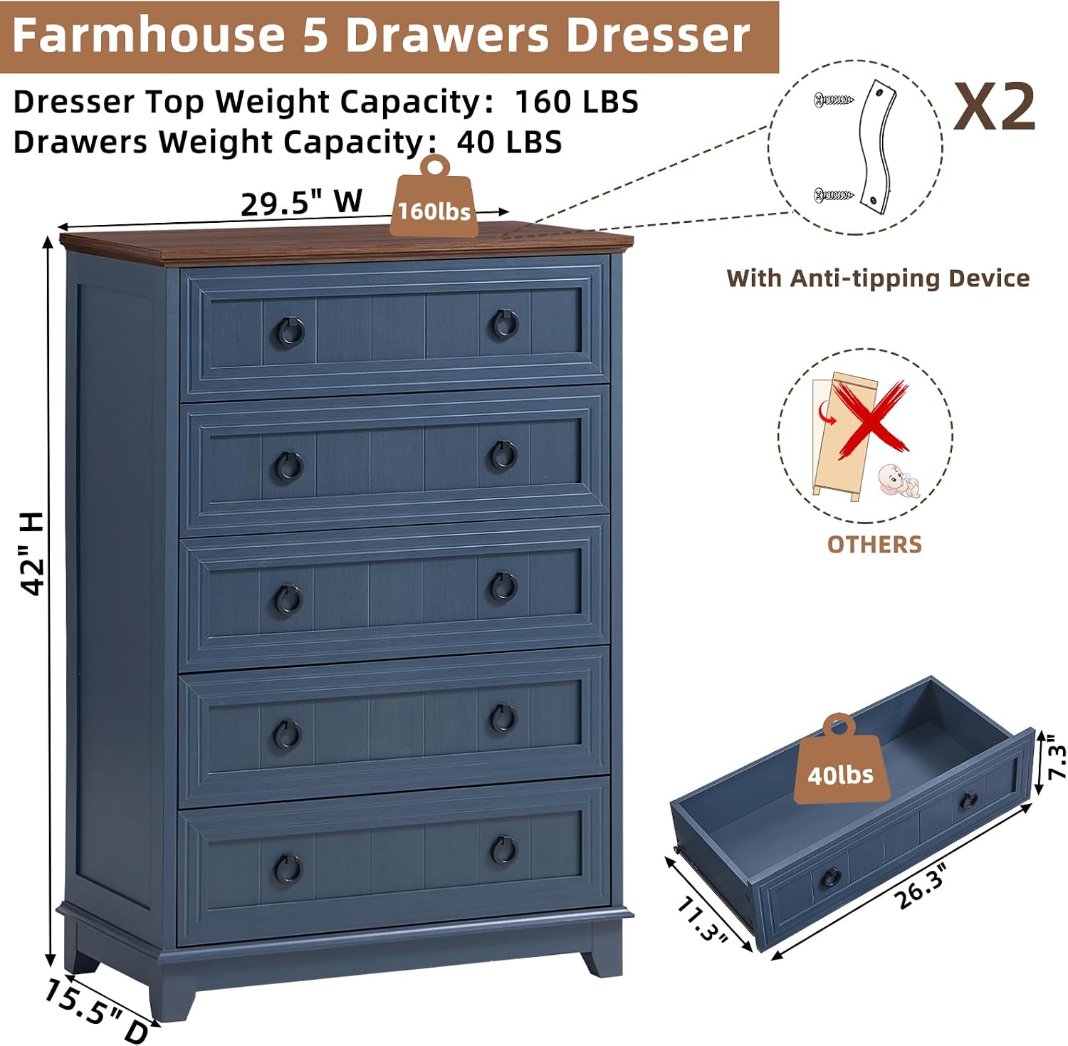 Joaxswe Farmhouse 5 Drawer Dresser for Bedroom Set of 2, 42' Tall Small Dressers & Chest of Drawers, Rustic Wood Dresser with Metal Handle, Storage Organizer Closet for Living Room, Hallway,Entryway