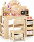Costzon Kids Vanity, Girls Vanity Set with Lighted Mirror, Bookshelf, Jewelry Storage, Toddler Makeup Vanity Desk Dressing Table, Wooden Kids Vanity Table and Chair Set (Natural)
