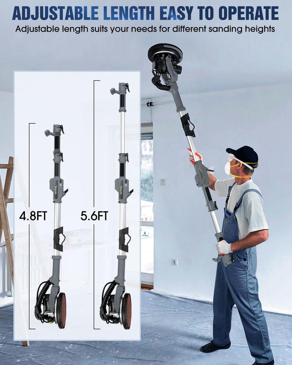 MYTOL Drywall Sander, 7.2A Electric Drywall Sander with Vacuum Dust Collection, 6 Variable Speed 900-1800RPM, LED Light, Foldable & Extendable Handle, 9 Pcs Sandpaper&3 Pcs Grid Sandpaper, Full Green