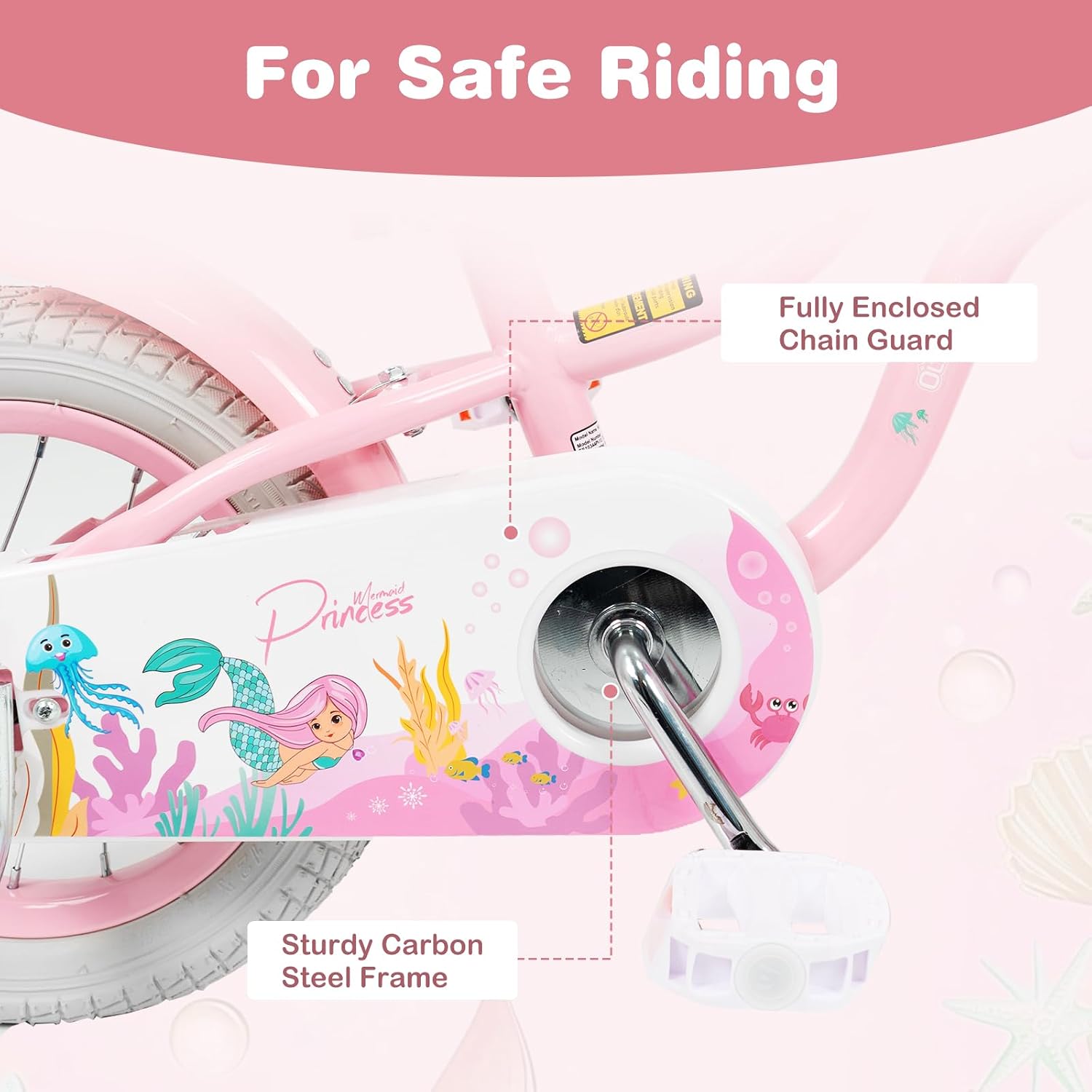 Olakids Kids Bike, 12 14 16 18 20 Inch Mermaid Theme Girls Bicycle with Training Wheels Basket Adjustable Seat and Handlebar Dual Brake