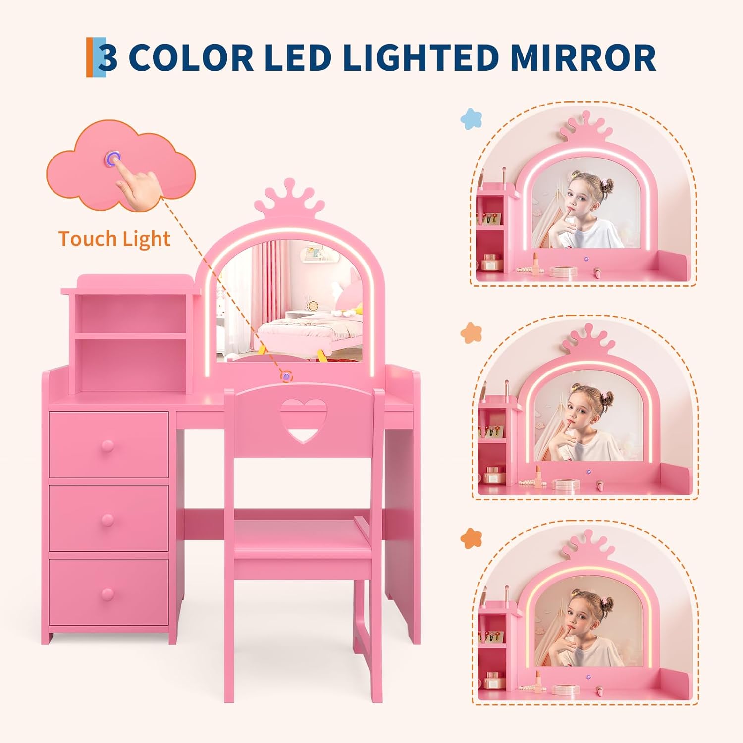 Garvee Kids Vanity with Lights, 2 in-1 Wooden Toddler Vanity Table with Stool & Drawer,Princess Pretend Play Makeup Vanity Princess Makeup Desk Dressing Table for Little Girls,Christmas Birthday Gift