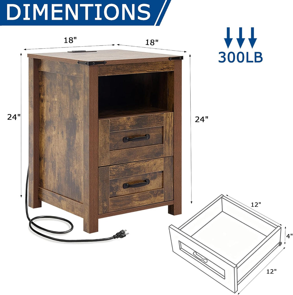 Farmhouse Night Stand Set of 2, Rustic Brown Nightstand for Bedroom, End Tables with Charging Station, Bedside Table with Drawers, Wood Bedside Cabinet Dresser