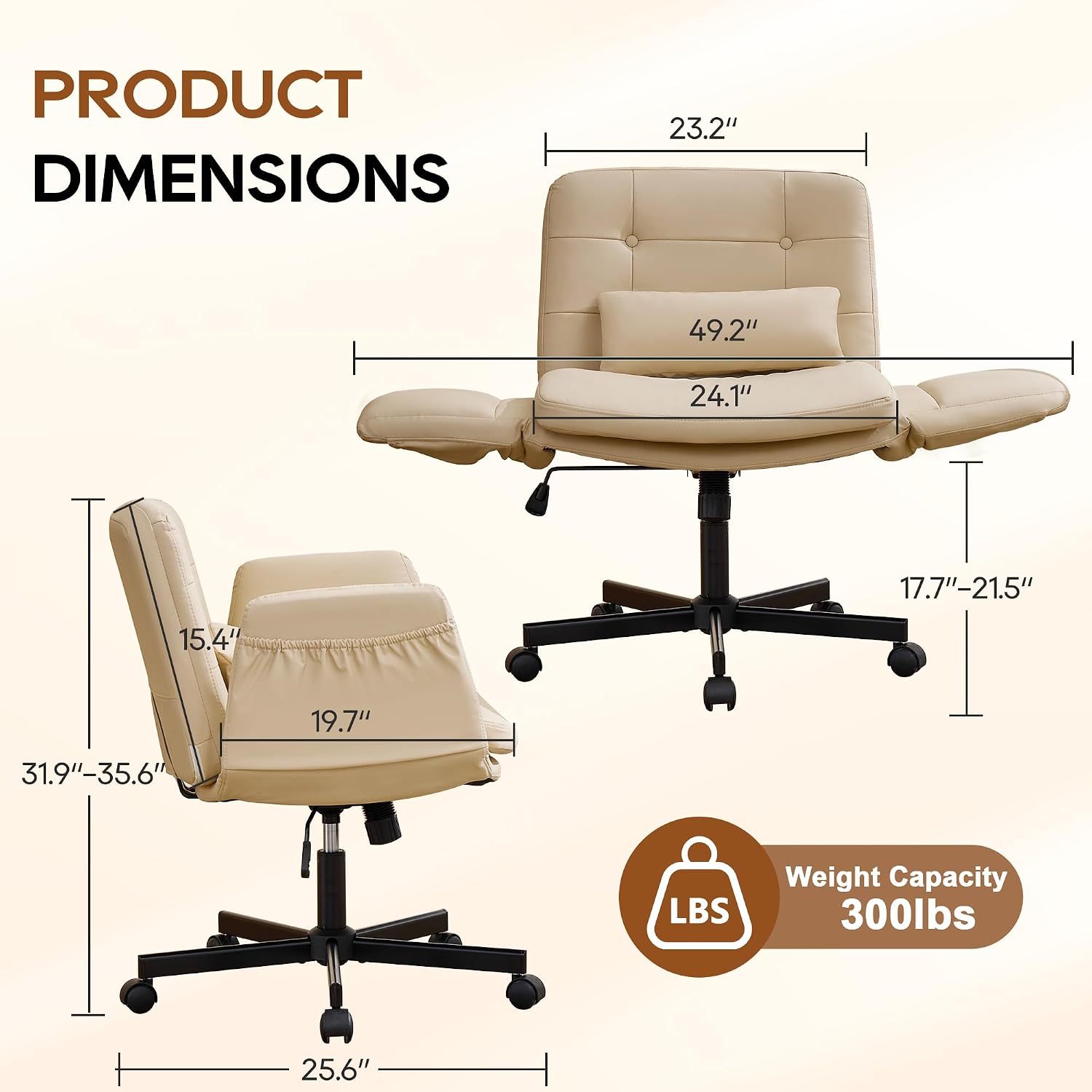 Criss Cross Chair with Wheels & Outward-Folding Armrests, Cross Legged Office Chair with Storage Pockets, Comfortable Adjustable Swivel Vanity Chair for Home, Living Room, Bedroom (Beige,Set of 2)