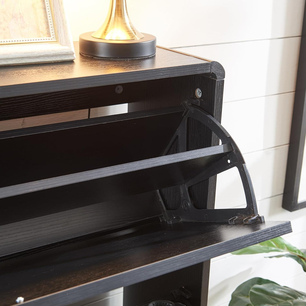 Storage Cabinet With 3 Flip Drawer Natural Rattan Shoe Organizer Freestanding Wooden Rack With Metal Legs for Entryway Hallway Bedroom Mudroom (Black)