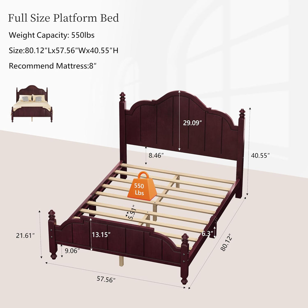 JIVOIT Vintage Wooden Bed Frame, Full Size Platform Bed with Wide Headboard, Wood Slats Support, No Spring Box Needed, Easy Assembly (Espresso-Full,2)