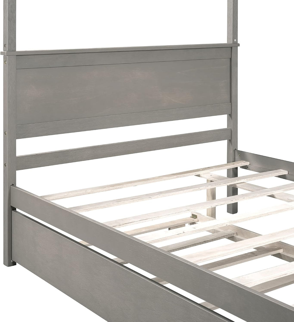 Full Size Wood Canopy Bed with Trundle Bed and Two Nightstand, Modern Bedroom Set for Kids Girls Boys Teens,Can Be Freely Decorated (Light Brown+Bedroom Set)