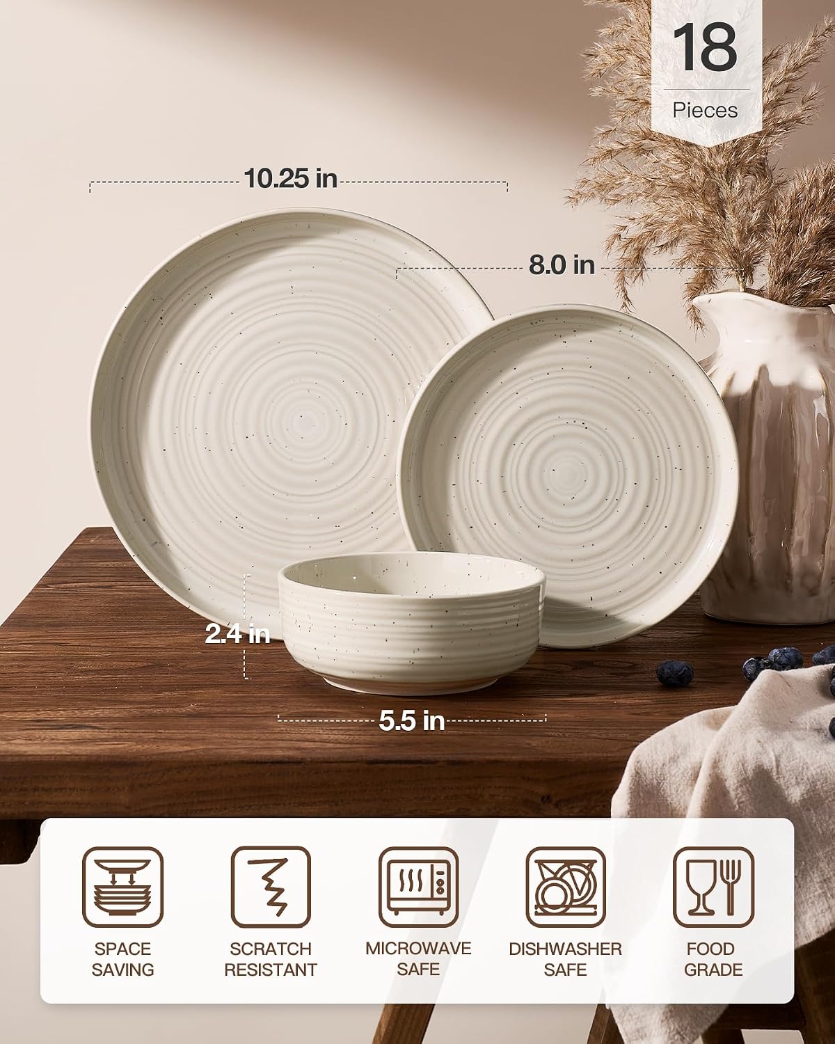18-Piece Stoneware Reactive Glaze Dinnerware Set, Flared Plates & Bowls with Speckles & Spirals, Chip & Scratch Resistant Dishes, Dishwasher Safe, Service for 6, Gift Box, Shell Beige