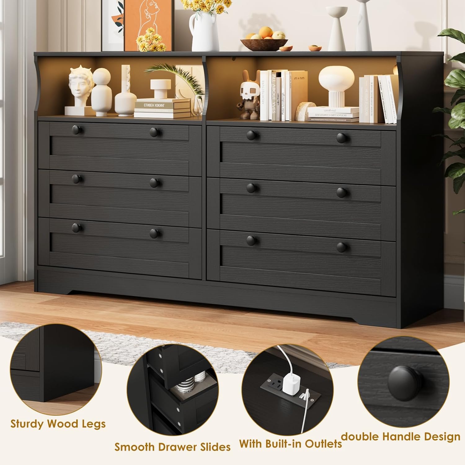Garvee 6 Drawer Dresser for Bedroom, with RGB LED Lights & Power Outlet, 55' Wide Chests of Drawers Dresser TV Stand for 55 Inch TV, for Closet, Living Room, Entryway