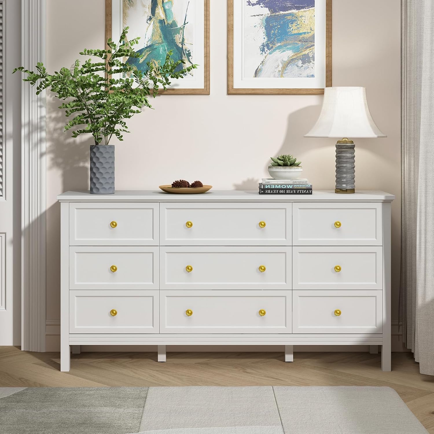 CARPETNAL 9 Drawer White Dresser for Bedroom with Deep Drawers, Large Dressers & Chest of Drawers With Gold Handle, Modern Long Dressers for Closet Bedroom, Living Room (59.25' W x 15.75' D x 30.9' H)