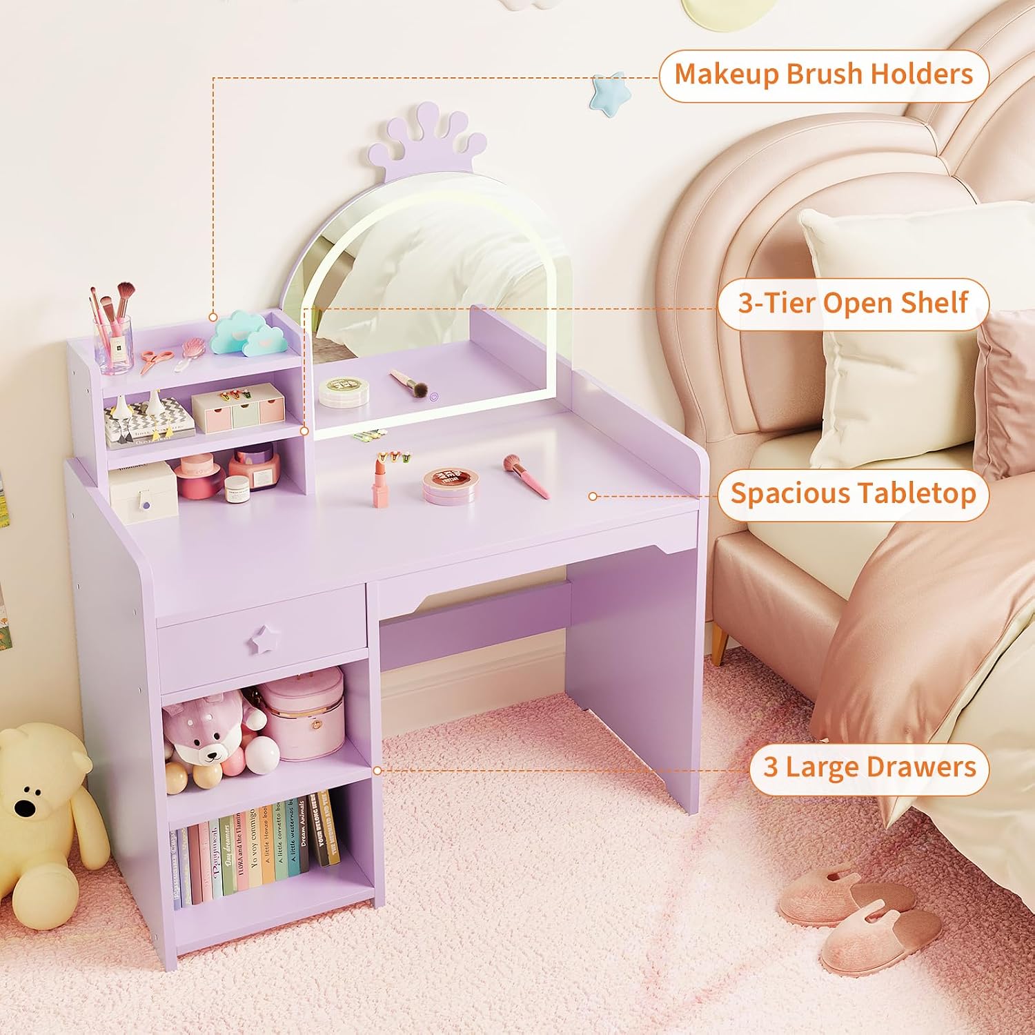 Garvee Kids Vanity with Lights, 2 in 1 Princess Makeup Vanity Desk Toddler Vanity Table & Chair Set with Open Bookshelf, Storage Cabinet & Shelves for Little Girls, Purple