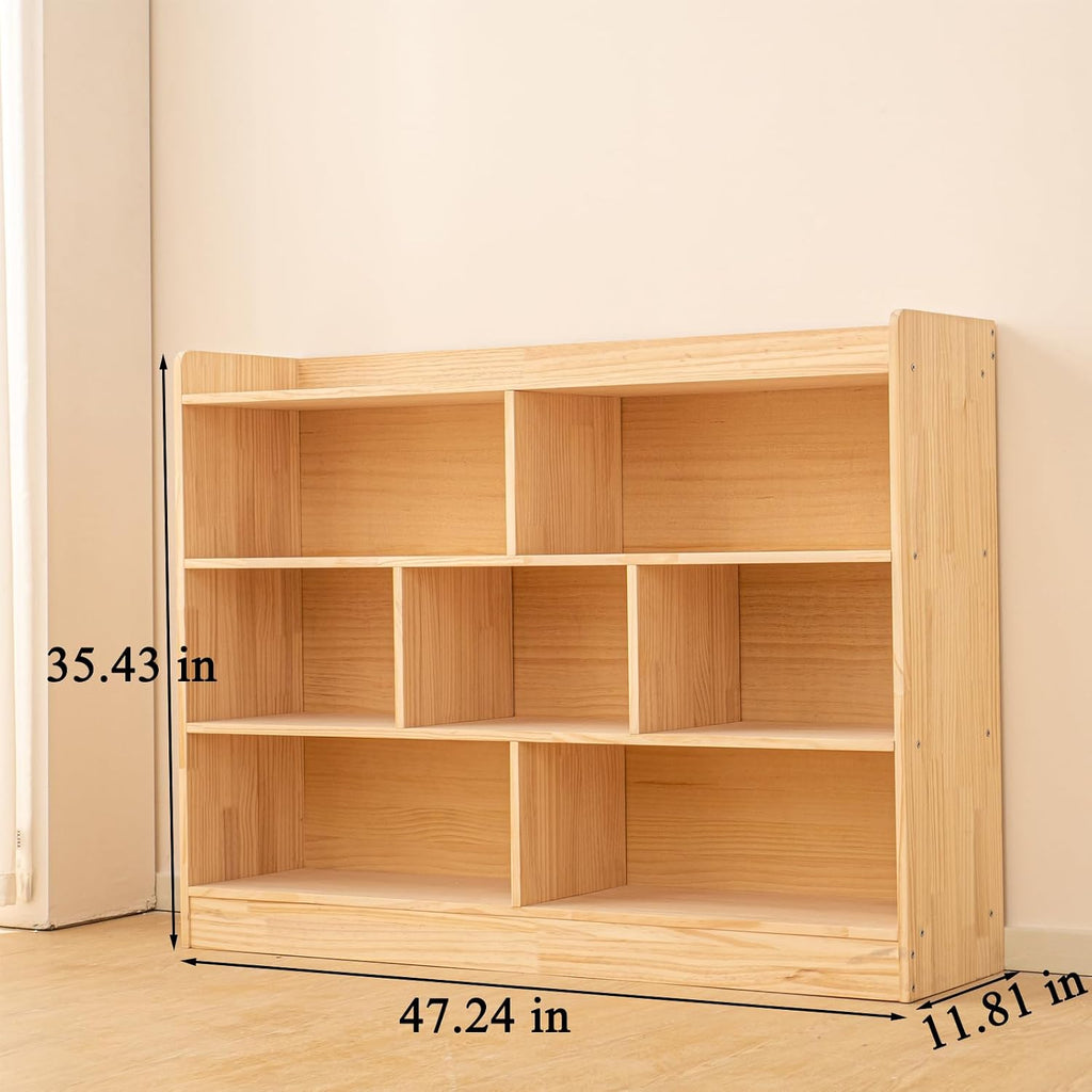 Wooden 7 Compartment Storage Cabinet Organizer Kids 3 Tier Wood Bookshelf School Storage Shelf Classroom Furniture for Kids Natural (47.24' L x 11.81' W x 35.43' H)