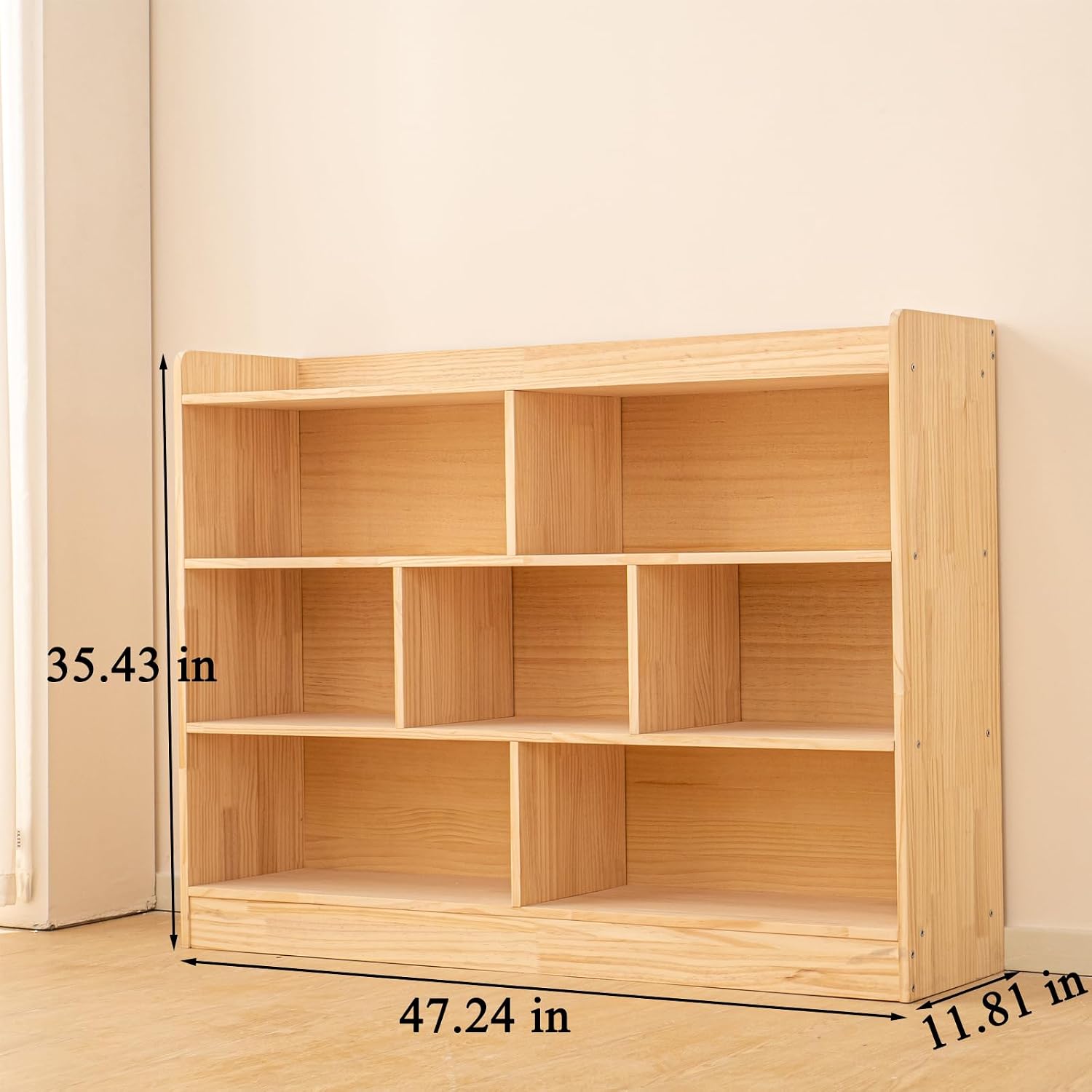 Wooden 7 Compartment Storage Cabinet Organizer Kids 3 Tier Wood Bookshelf School Storage Shelf Classroom Furniture for Kids Natural (47.24' L x 11.81' W x 35.43' H)