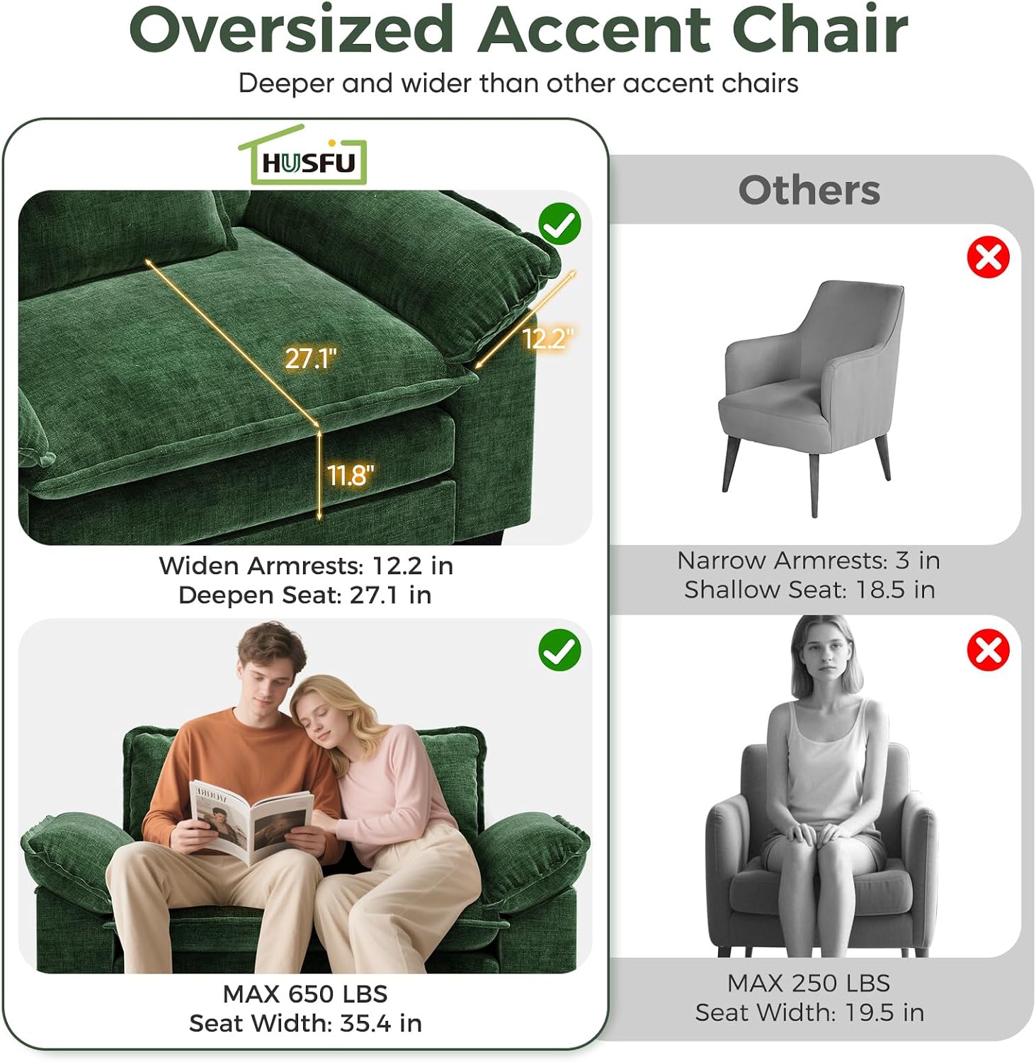 HUSFU 49.5'' W Oversized Accent Chair, Chenille Cloud Sofa Chair with Deep Seat and Extra Wide Armrests, Comfy Reading Armchair for Bedroom, Living Room, Set of 2, Green
