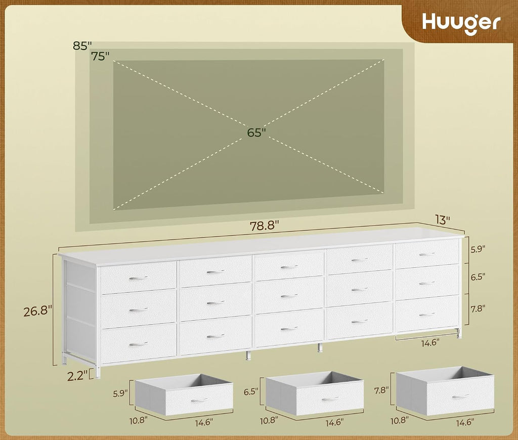 Huuger 78.7 inch Long Dresser for Bedroom, 15 Drawer Fabric Dresser for Closet, Large TV Stand for 65, 75, 85 inch TV, Wide Chest of Drawer with Storage, 78.7' W x 12.9' D x 26.7' H, White