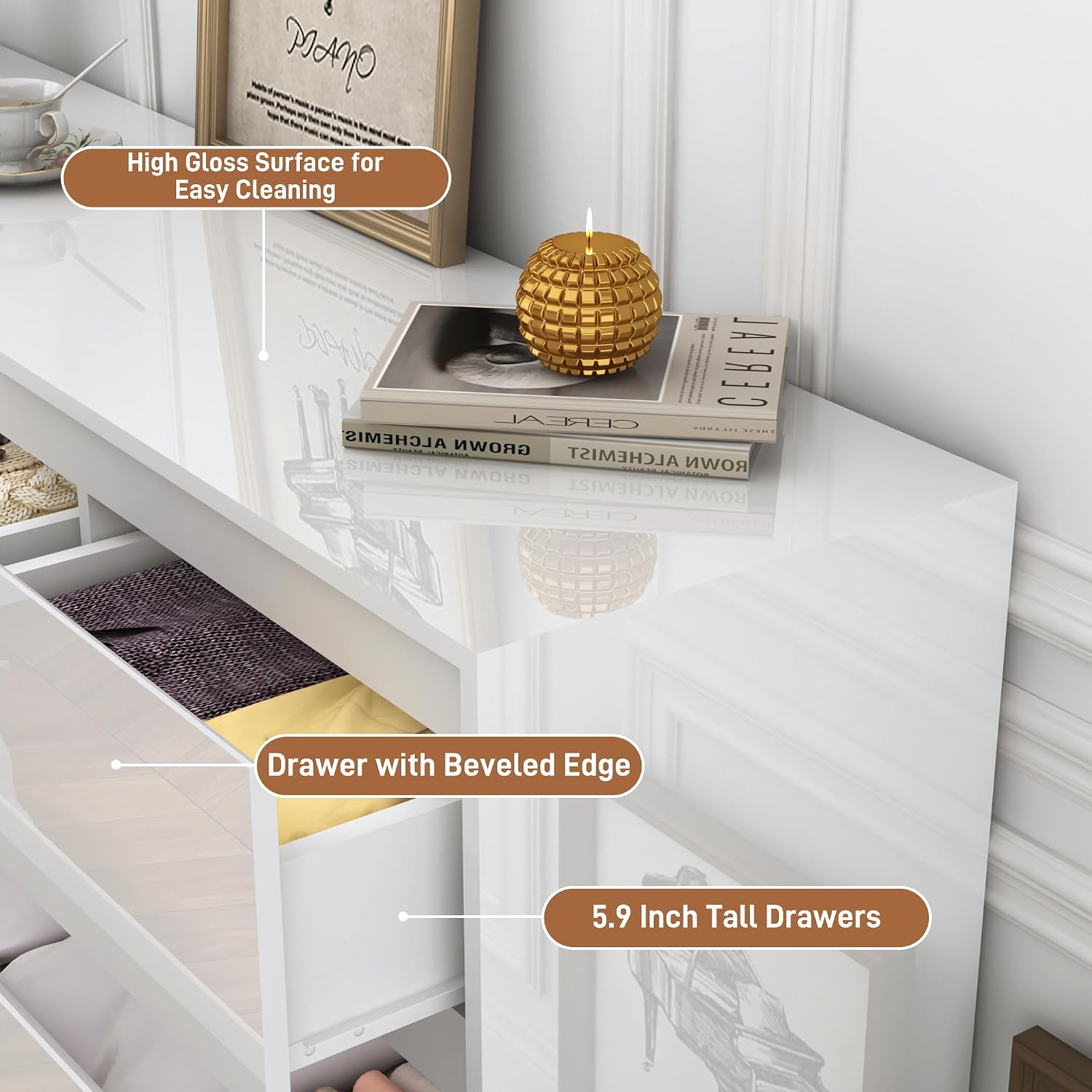 jiteentarou White Malm Dresser for Bedroom, 55 Inch Full High Gloss Dresser with 7 Drawers, Modern Large Wood Chest of Drawer Handle Free, Living Room, Entryway, Hallway, White