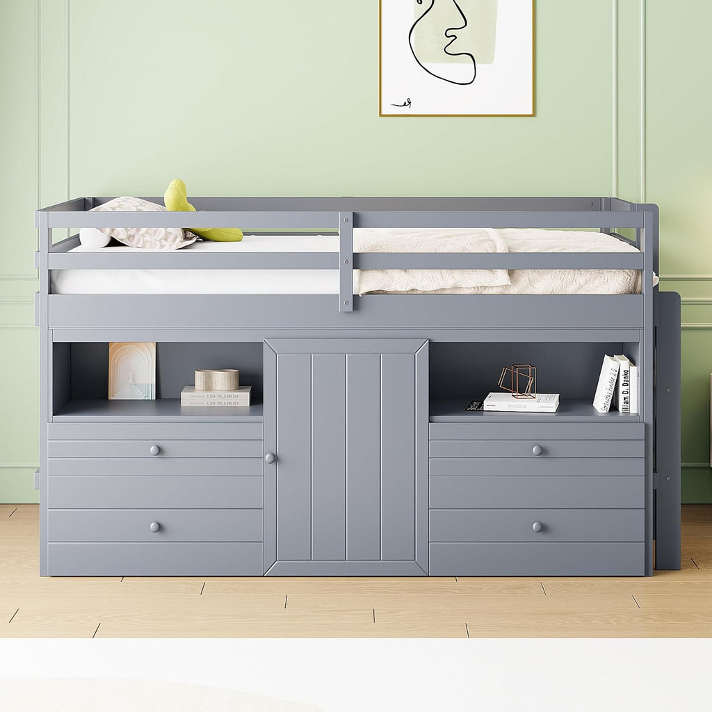 JIVOIT Twin Size Loft Bed with 4 Drawers, Underneath Cabinet and Shelves, Muti-Functional Loft Bed with Full-Length Guardrails and Ladder, Space-Saving Low Loft Bed for Kids Teens (Gray & 4 Drawers)