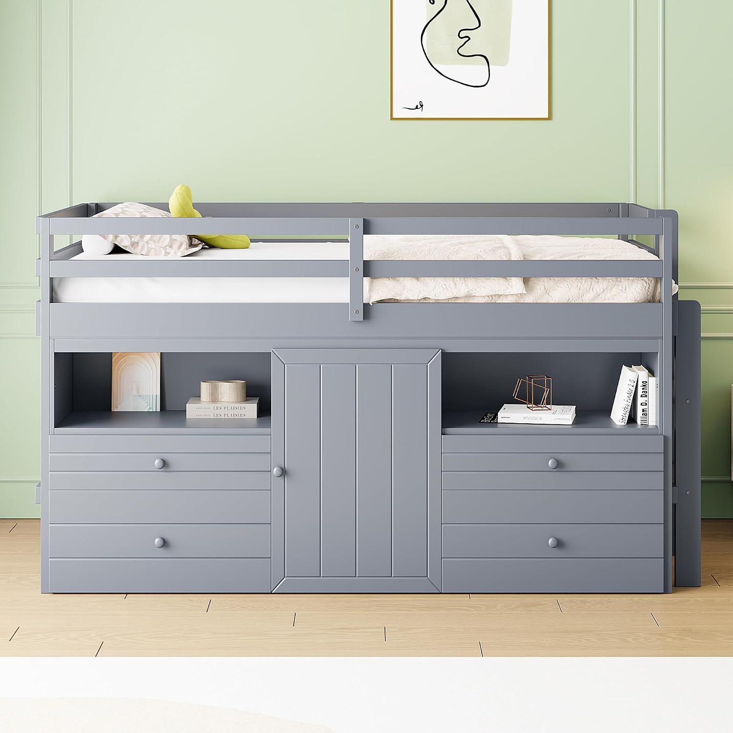 JIVOIT Twin Size Loft Bed with 4 Drawers, Underneath Cabinet and Shelves, Muti-Functional Loft Bed with Full-Length Guardrails and Ladder, Space-Saving Low Loft Bed for Kids Teens (Gray & 4 Drawers)