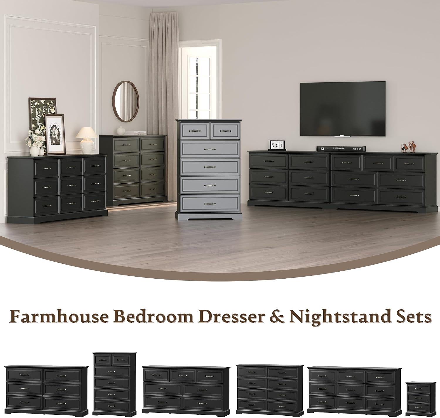 Farmhouse 6 Drawers Dresser for Bedroom, 49' Tall Modern Chest of Drawers with Deep Drawers & Bar Handles, Rustic Wood Dresser TV Stand, Wooden Closet Storage Organizer for Living Room, Hallway, Black