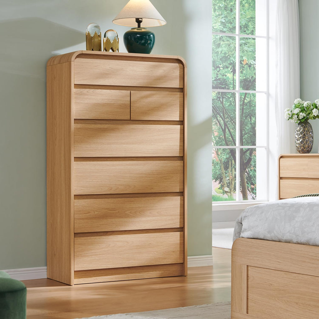 Aitjunz Modern 7 Drawers Dresser for Bedroom, 55' Tall Dressers & Chest of Drawers w/Curved Profile Design, Wood Mid Century Vertical Storage Dressers Organizer for Bedroom, Living Room, Natural Oak