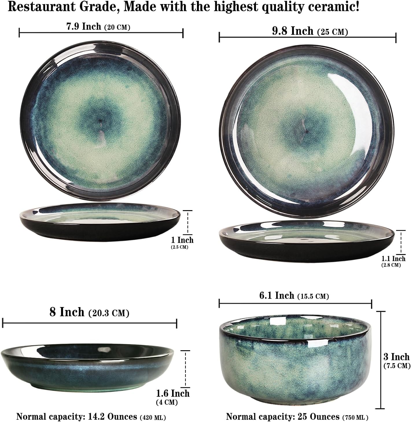 Ceramic Dinnerware Set(16 pcs) Serve 4 people, Plates & Bowls Sets, Reactive Glaze Dishes Set, Chip Resistant and Scratch Resistant, Dishwasher, Microwave Safe, Suitable for dinner, party