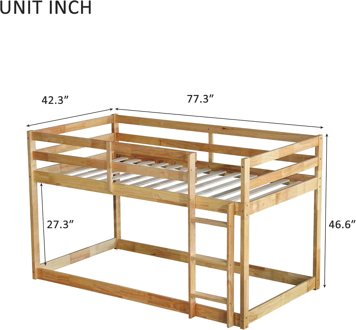 Ball & Cast Twin Over Twin Bunk Bed,Solid Rubber Wooden Low Floor Platform Bed with Ladder and Full Length Guardrail,Slat Support,Bedroom Furniture for Girls Boys,Natural