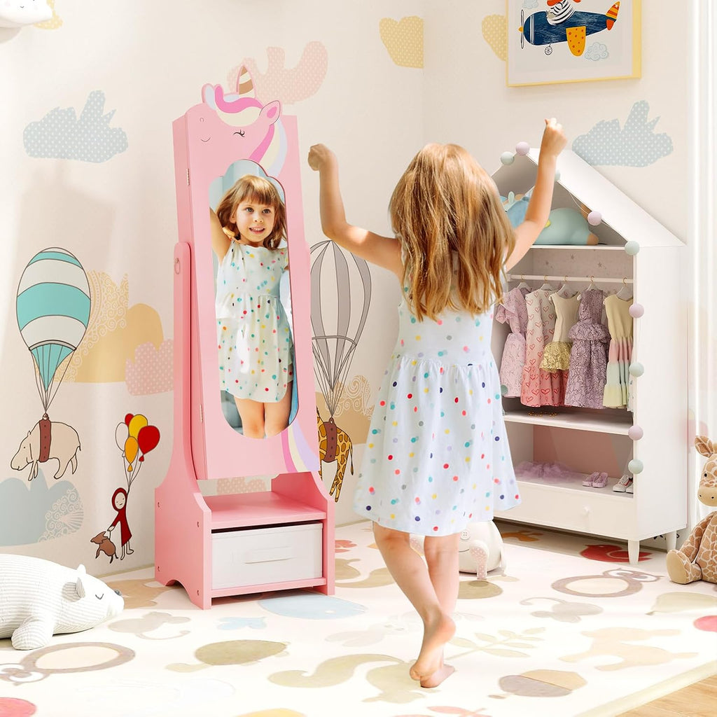 GLACER Kids Vanity & Kids Jewelry Armoire, Princess Little Girls Vanity, Standing Children Jewelry Organizer w/Full-Length Mirror & Foldable Drawers, Adjustable Angles, Kids Bedroom Set (Pink)