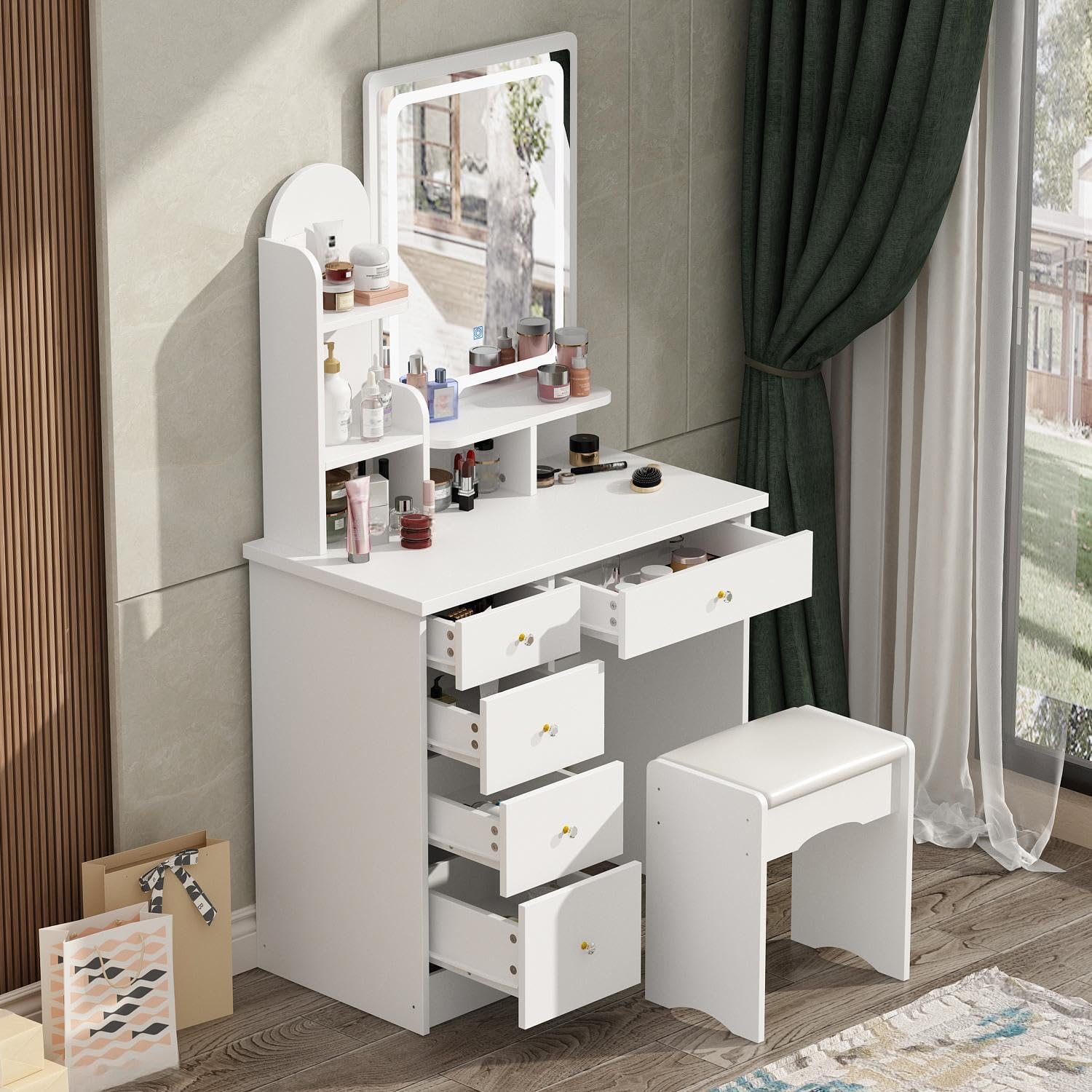 FUFU&GAGA Vanity Desk Set with Lighted Mirror, Makeup Vanity Dressing Table with Shelves & Cushioned Stool, White, 31.5' W x 15.7' D x 55.1' H