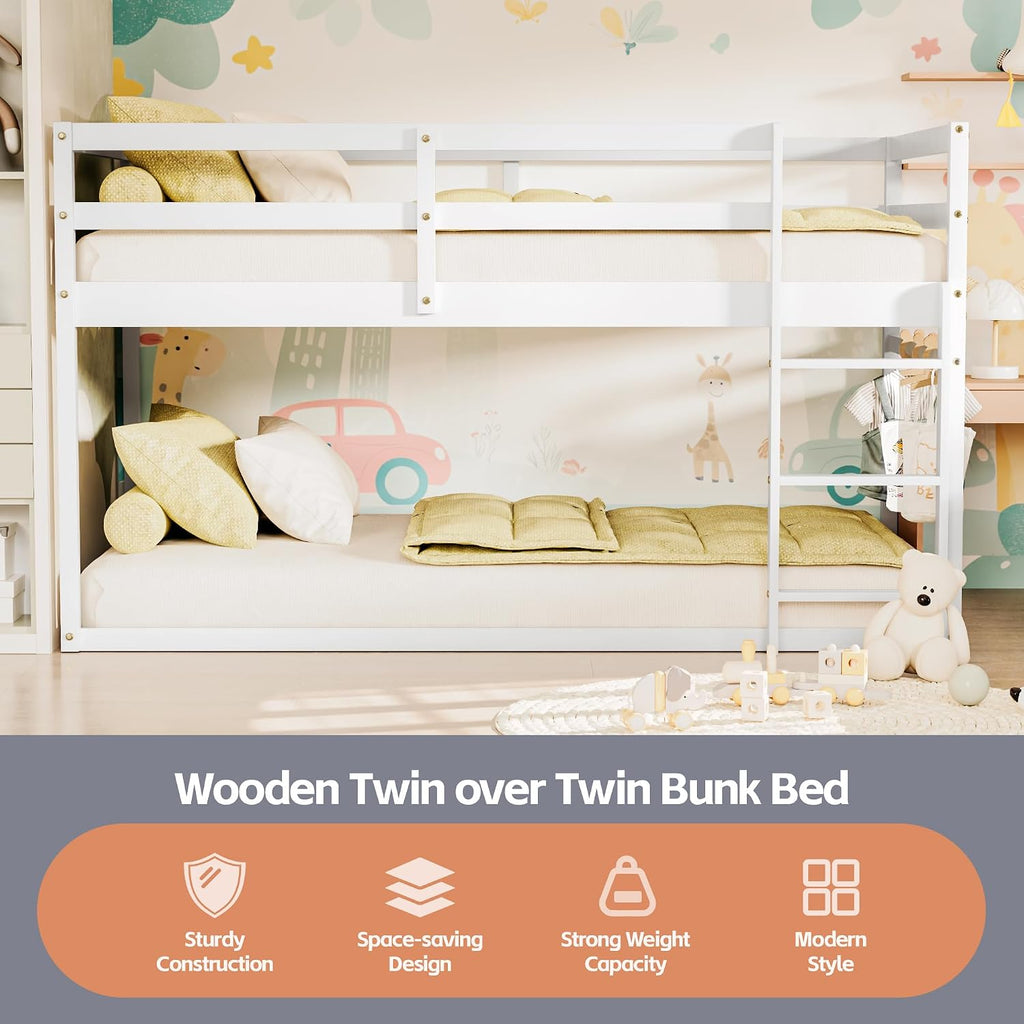 TOLEAD Low Bunk Bed Twin Over Twin, Floor Bunk Bed with Ladder, Twin Bunk Bed with Full Guardrails, Wooden Bunk Bed for Juniors, Boys, Girls, Kids, Bedrooms (White)