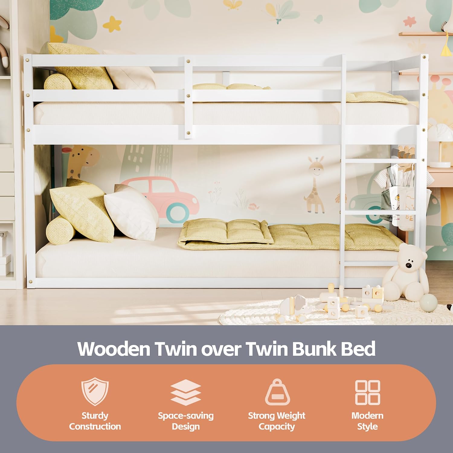 TOLEAD Low Bunk Bed Twin Over Twin, Floor Bunk Bed with Ladder, Twin Bunk Bed with Full Guardrails, Wooden Bunk Bed for Juniors, Boys, Girls, Kids, Bedrooms (White)