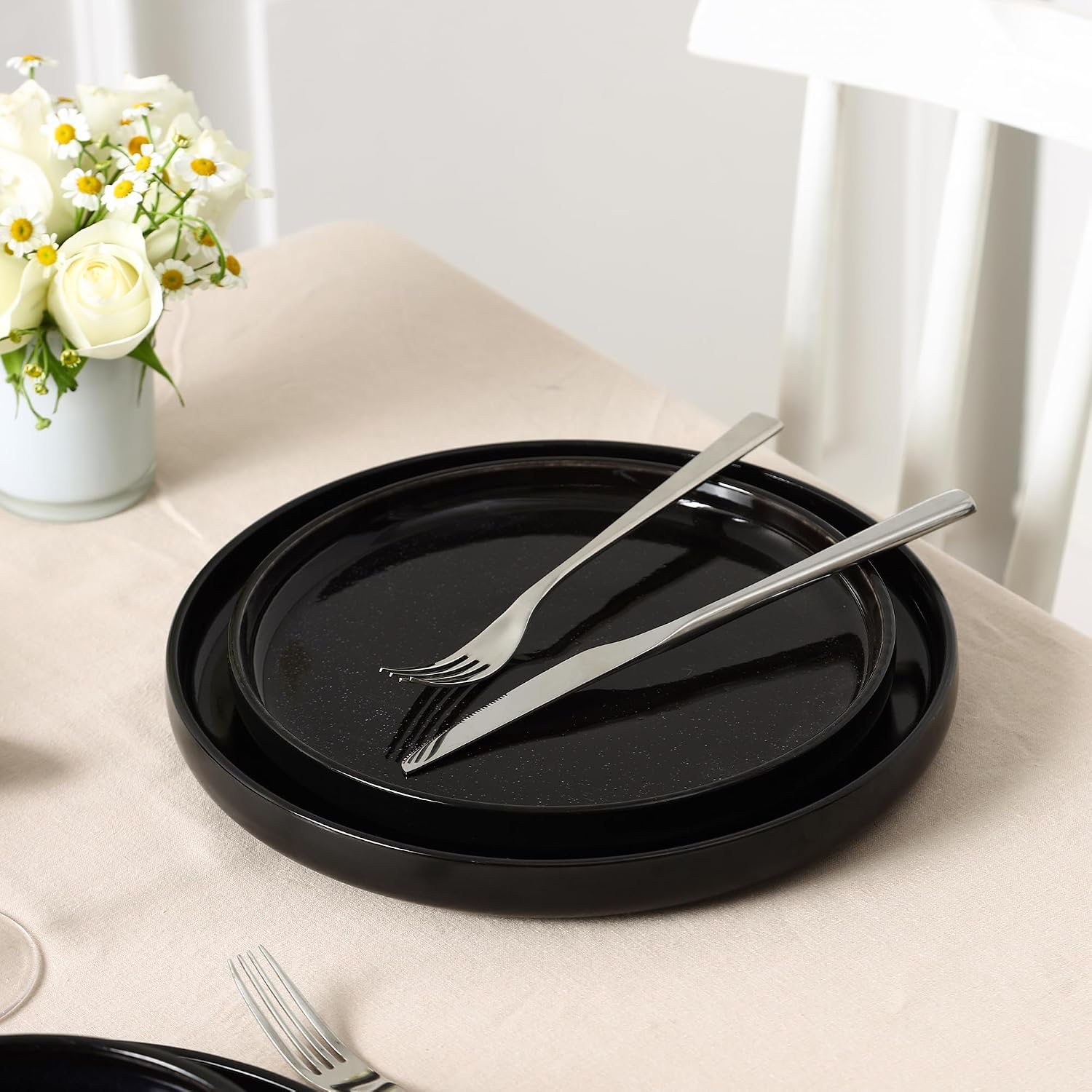 Stone Lain Lagoon 24-Piece Dinnerware Set Stoneware, Plates and Bowls set, Microwave and Dishwasher Safe, Dish Set for 8, Black