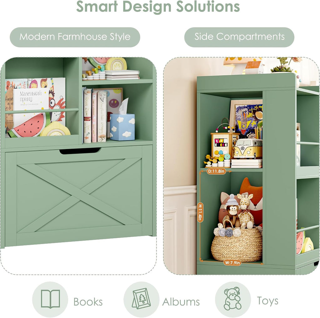 FINETONES 75' W Kids Bookshelf with Reading Nook, Large Toy Storage Toy Organizer with Seat Cushion and 2 Movable Drawers, Kids Reading Nook Kid Bench for Playroom Living Room, Green
