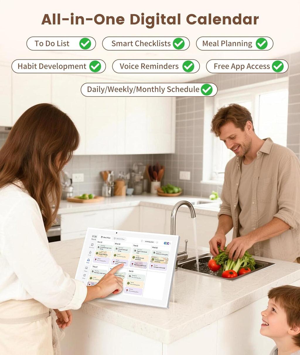 10.1' Digital Calendar & Smart Touchscreen Planner, Electronic Calender with Chore Chart for Family Schedules & Meal Planning, Wall Mountable Digital Photo Frame, Gifts for Women Men (White)