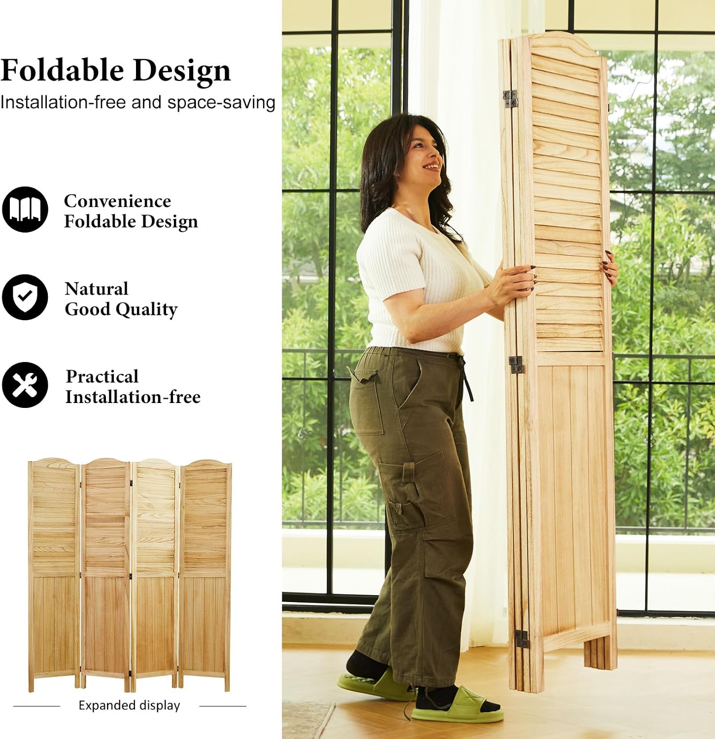 Room Dividers, 5.75Ft Individual Privacy Screens Foldable Wooden Louver & MDF Stable Wall Divider for Home Office Bedroom, 4 Panels (Natural)