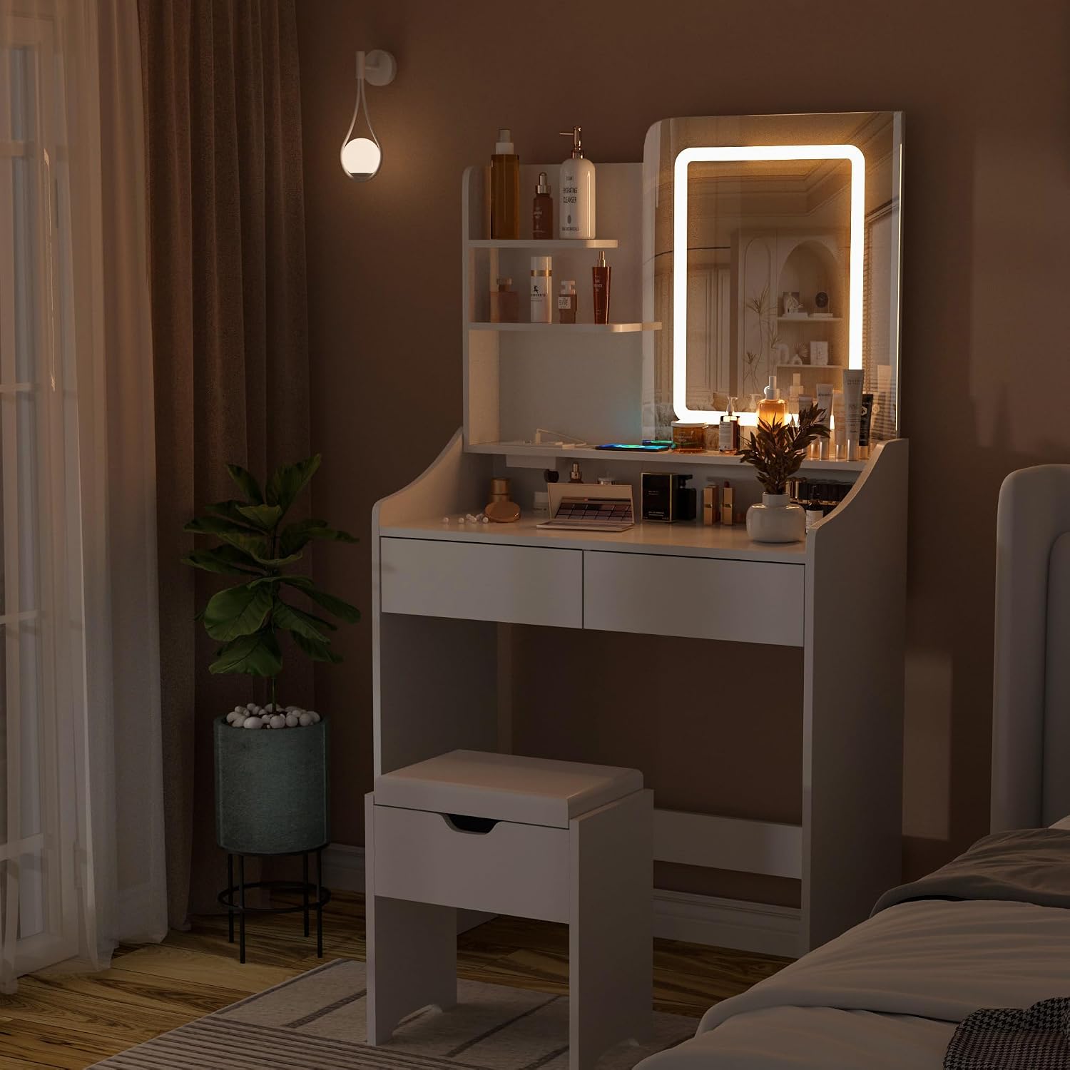 Vabches Vanity Desk with LED Light Mirror and Charging Station 30.3in, Small Vanity Set with 4 Storage Shelves 2 Drawers, Vanity for Girls Women with Storage Stool, Vanity Table for Bedroom (White)