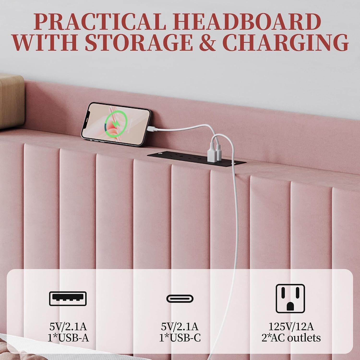 Yaheetech Queen Bed Frame with USB Charging Station and Storage Shelf/Upholstered Headboard Platform Bed with Wing Side/Wooden Slats Support/Noise Free/No Box Spring Needed/Easy Assembly, Pink