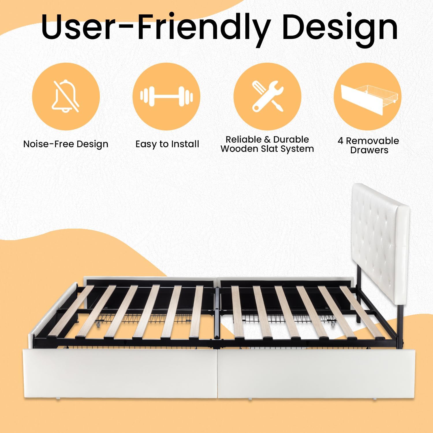 SHA CERLIN Upholstered Full Platform Storage Bed Frame with 4 Drawers, Adjustable Headboard with Faux Leather Diamond Button Tufted Design, Wooden Slat Support, No Box Spring Needed, White