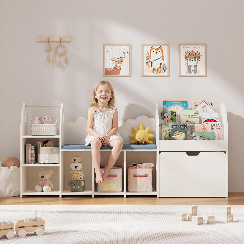 67' Kids Reading Nook with Bench, Children Toy Storage Organizer with Seat Cushion, 6 Storage Cubbies, Movable Drawers,Kid Bookshelf and Bookcase for Playroom, Bedroom, School, Ivory White