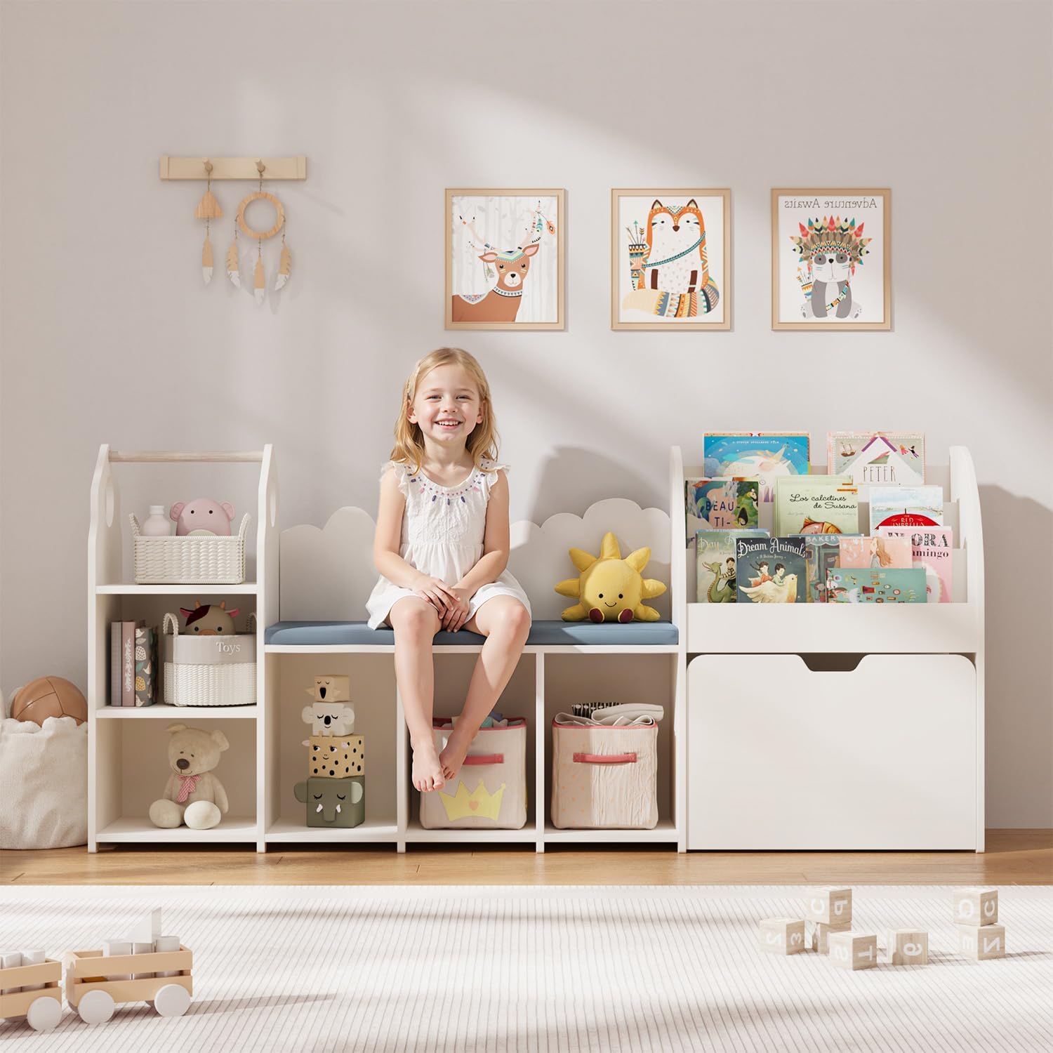 67' Kids Reading Nook with Bench, Children Toy Storage Organizer with Seat Cushion, 6 Storage Cubbies, Movable Drawers,Kid Bookshelf and Bookcase for Playroom, Bedroom, School, Ivory White