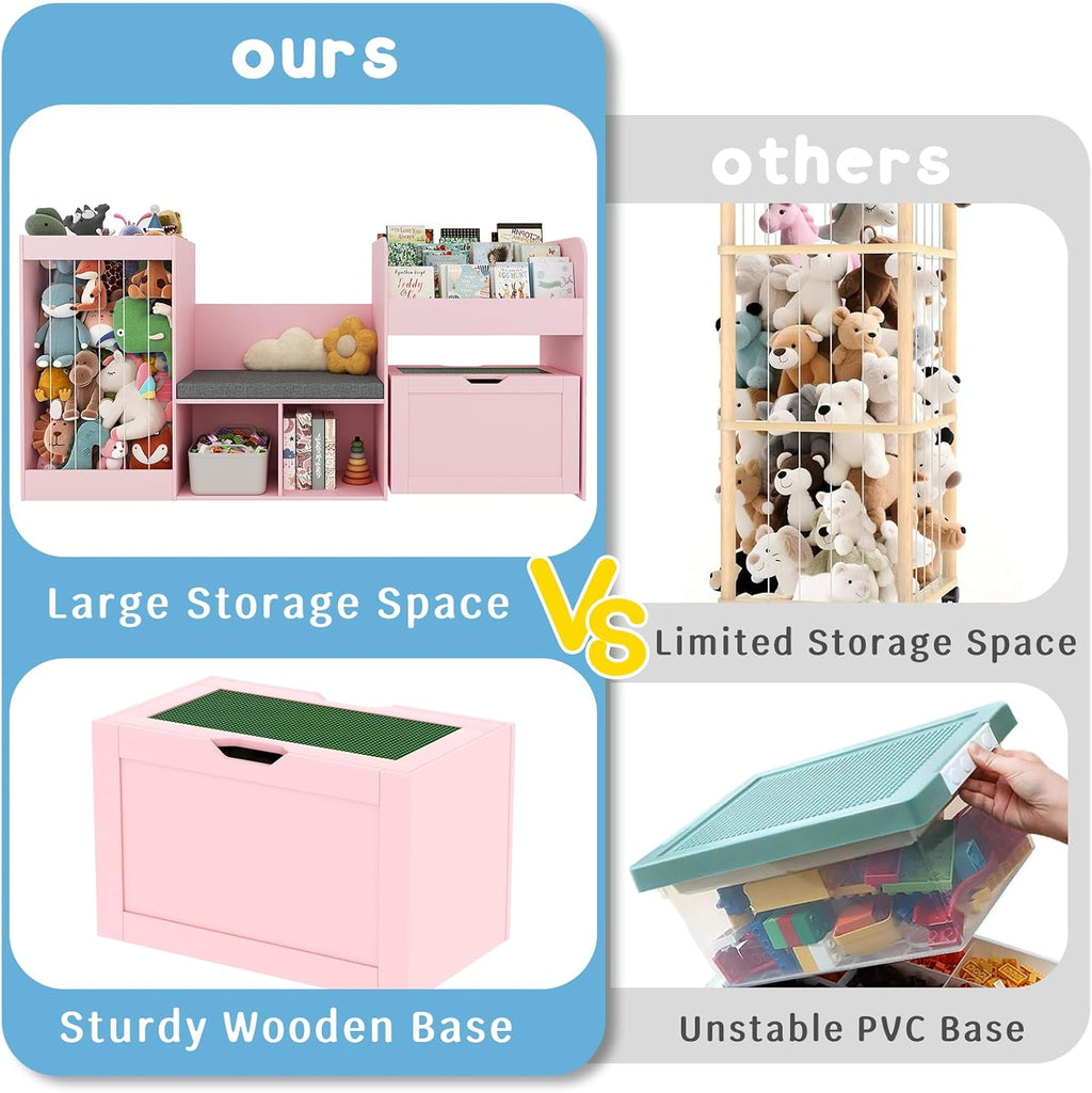 68.9'W Kids Toy Storage, Large Bookshelf with Reading Nook, Removable Building Baseplate Lid for Lego, Rolling Drawers, Stuffed Animal Storage, Bench and Removable Cushions for Playroom(Pink)