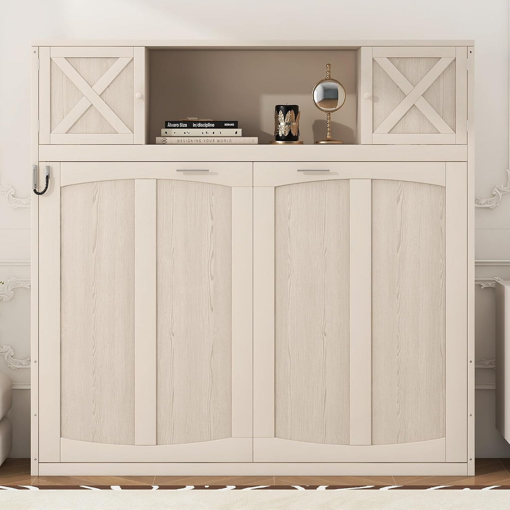 Harper & Bright Designs Full Size Murphy Bed, Wood Hidden Foldable Wall Bed Frame with Storage Cabinet for Bedroom, Office, Space-Saving, Beige
