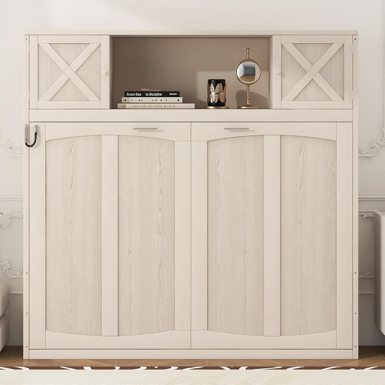 Harper & Bright Designs Full Size Murphy Bed, Wood Hidden Foldable Wall Bed Frame with Storage Cabinet for Bedroom, Office, Space-Saving, Beige