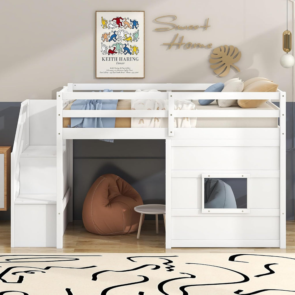 Low Loft Bed with Storage Staircase and Window, Twin Size Loft Bed with Guardrails and Wood Slats Support, Solid Wood Bed Frame, Space Saving Design, No Box Spring Need (White,Staircase+Window)
