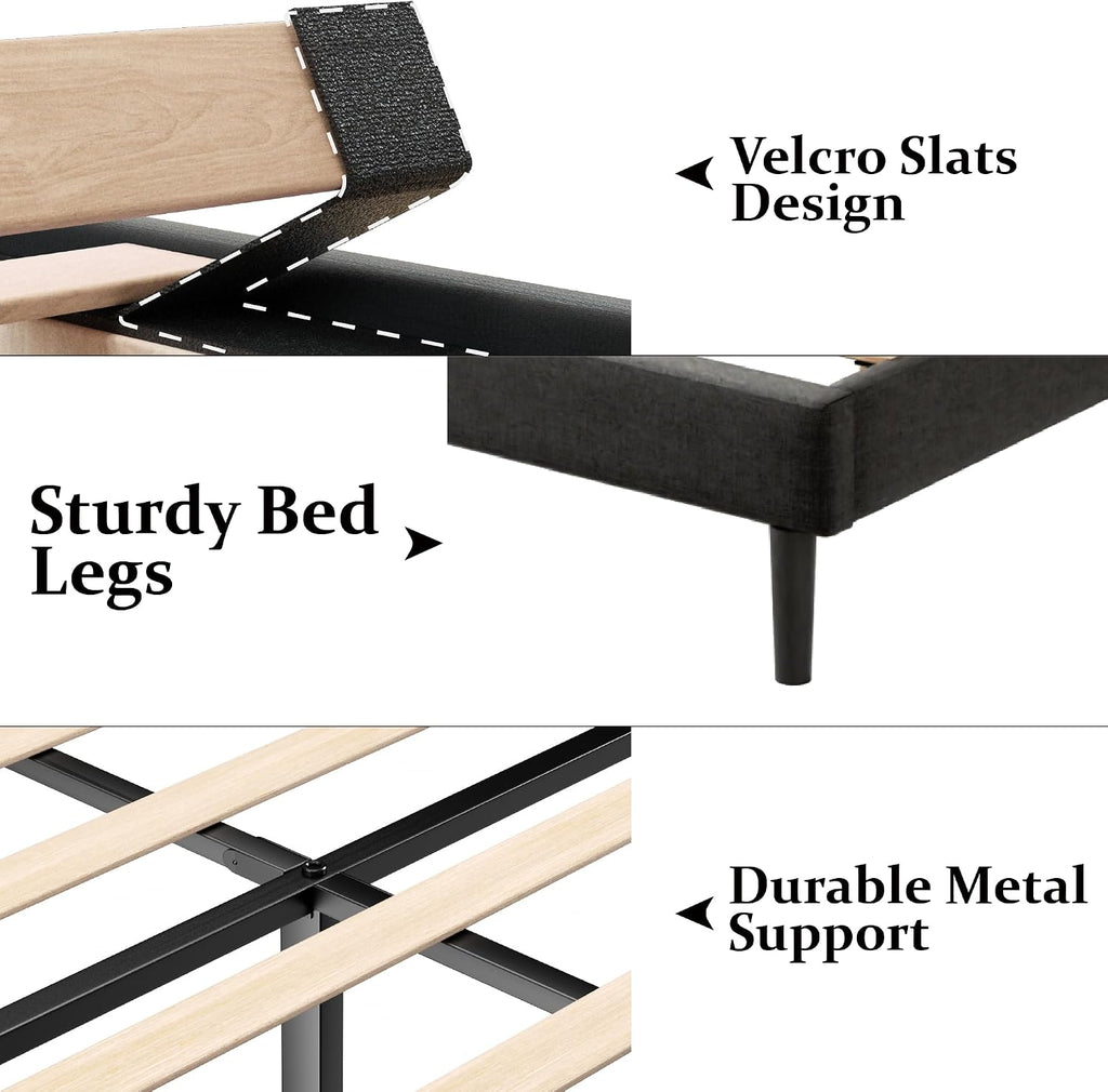 Gruwans King Size Bed Frame with Wingback Headboard, Upholstered Platform Bed, No Box Spring Needed, Sturdy Wooden Slat Support, Easy Assembly, Dark Gray