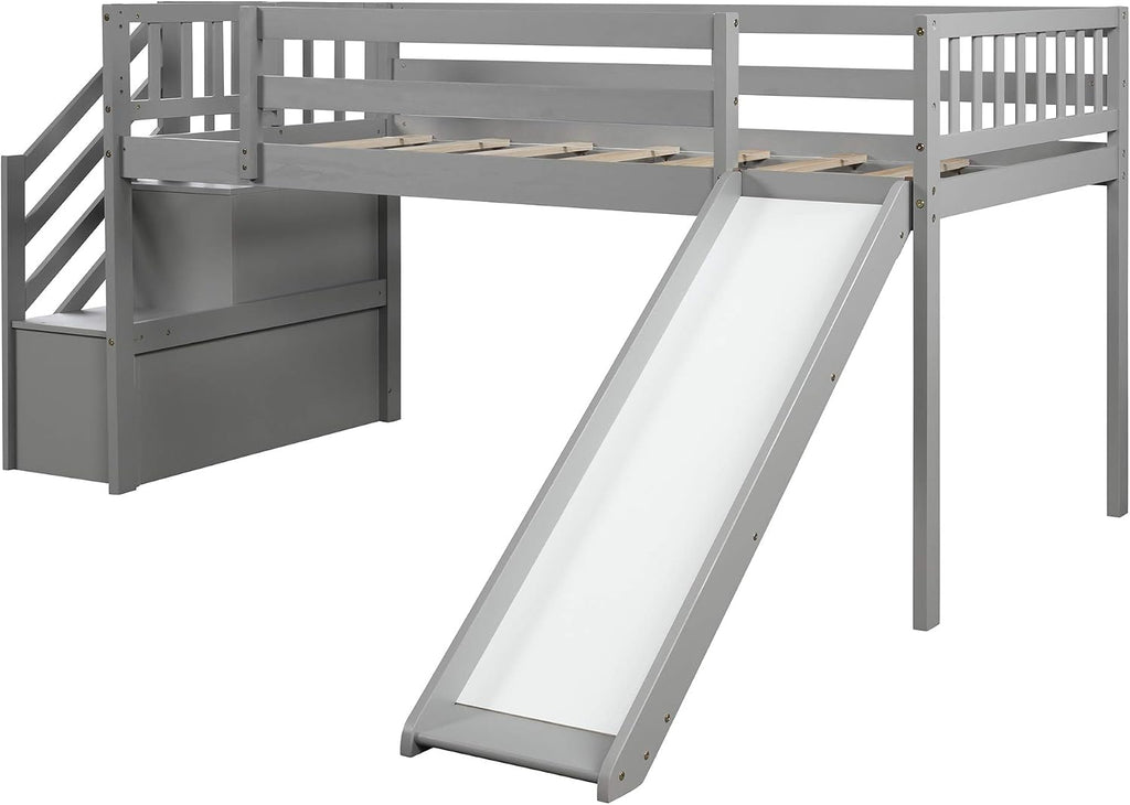 Twin Low Loft Bed with Adjustable Slide/Staircase/Storage Shelves for Kid/Boy/Girl/Teens, Full-Length Guardrails, Solid Wood, Space-Saving (Gray+Low Loft Bed)