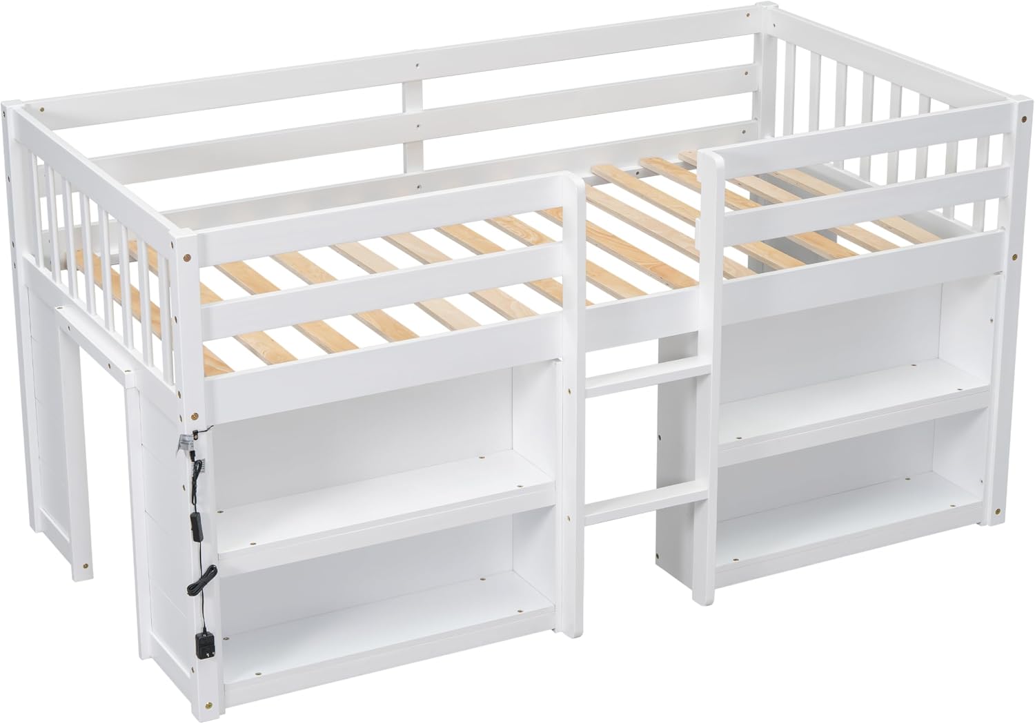 Twin Size Low Loft Bed with Two-Tier Shelves, Multifunction Wood Loft Bed Frame with Built-in Stairs, Storage Underneath, Sturdy Slats Support, Space Saving Loft Bed for Kids Boys Girls (White * 01)